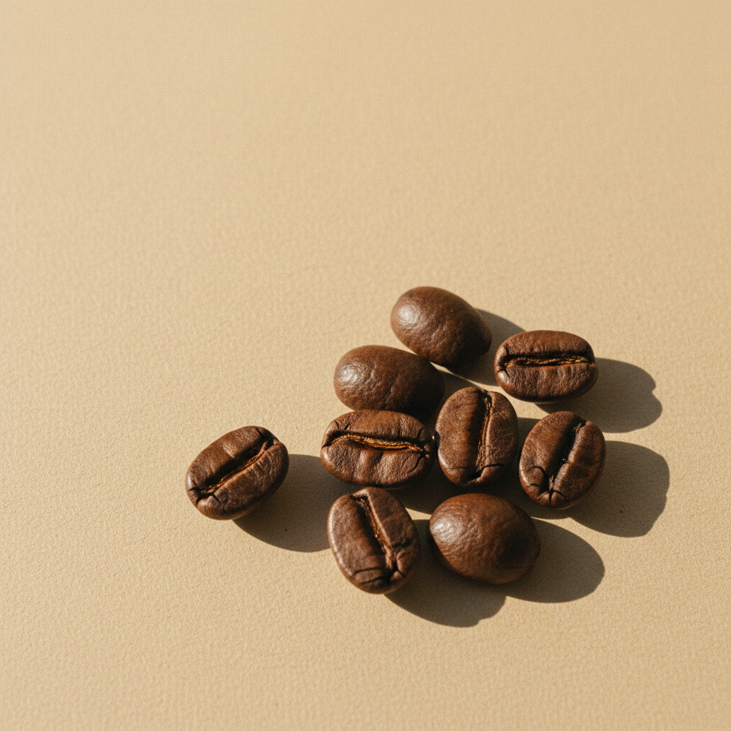 A small cluster of whole roasted coffee beans on warm beige paper