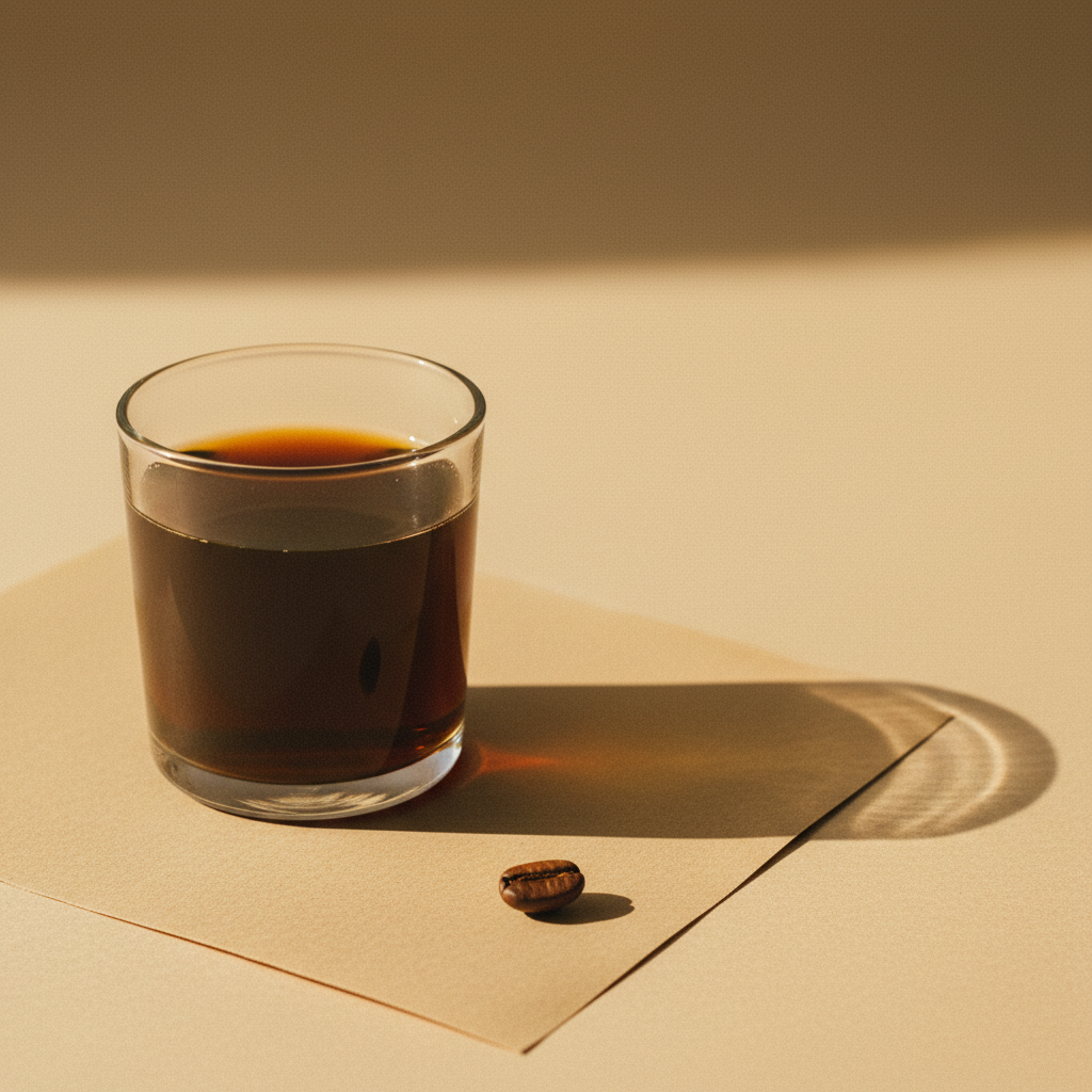 A small glass of dark cold-brew coffee with whole roasted coffee beans alongside